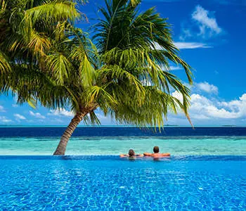 A palm tree leaning over a turquoise infinity pool