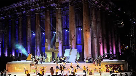 A concert staged among the columns of a Roman temple